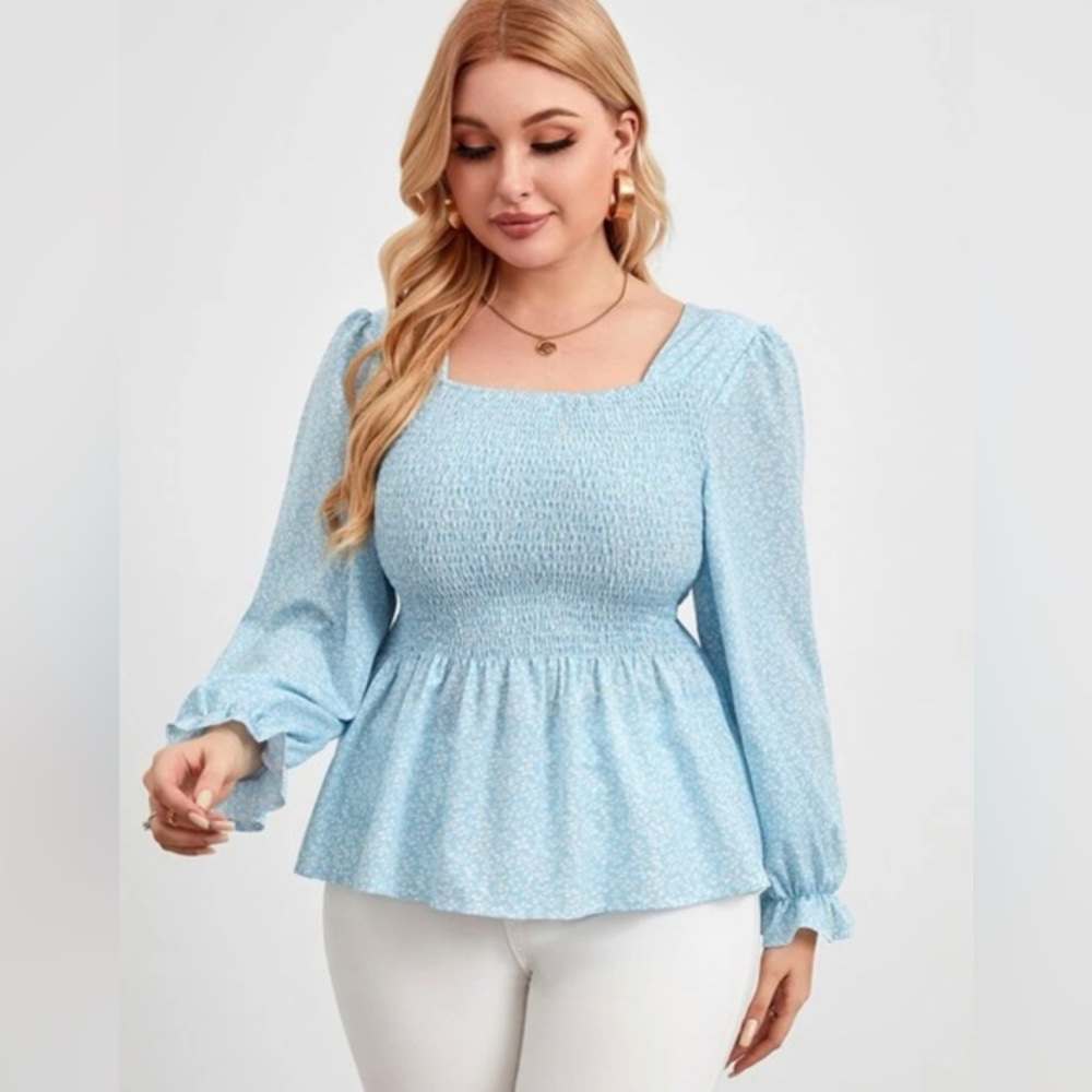 Shein Plus Ditsy Floral Shirred Flounce Sleeve Peplum Blouse 2xl 16